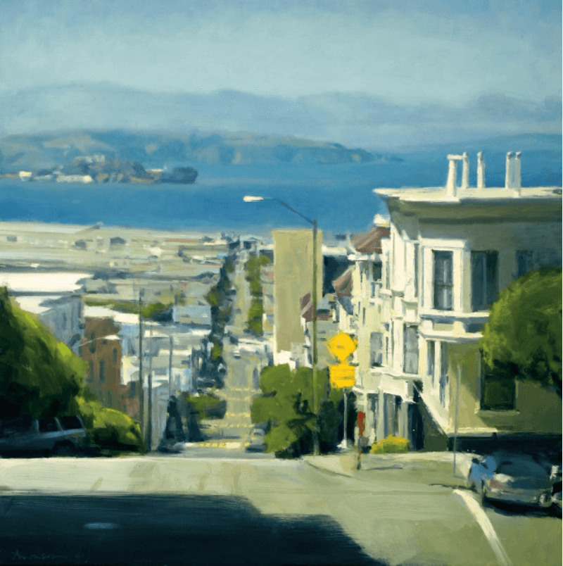 Photo of painting by Ben Aronson. Sun on the Bay, 2021, oil on panel, 48 x 48 inches. Courtesy of Jenkins Johnson Gallery