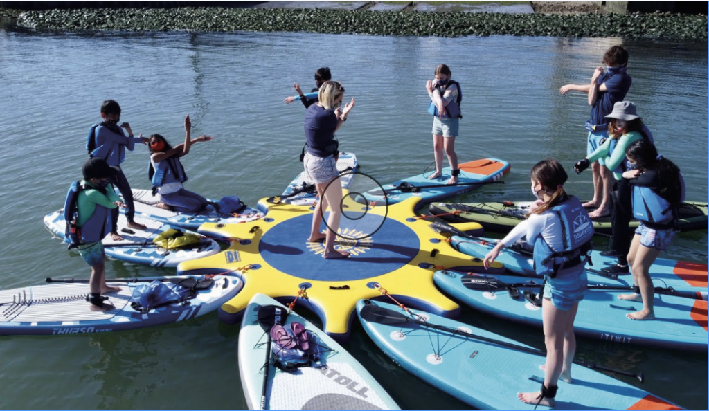A group of stand up paddle boarders engaged in warm up exercises.