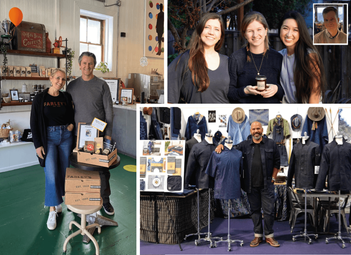 Photos of business owners: Left: Amy and Chris Hillyard, co-owners of Farley’s Coffee, showcase goods from their café and products made by local artists. PHOTO: Courtesy of Farley’s Coffee; Top right: The founders of Noble & Co, a Potrero Hill-based business that makes scented soy wax candles. Left to right: Haley Kannall, Julie Noble, Alex Tamura. Inset: Will Noble. PHOTO: Courtesy of Noble & Co; Lower right: Ulrich “Ubi” Simpson, creative director of Mi Cocina, Inc., surrounded by items from his denim clothing line. PHOTO: Courtesy of Ulrich Conrad Simpson