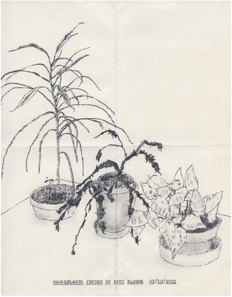 Lenka Clayton, Houseplants Tended by Anni Albers (03/10/2021) in the series “Typewriter Drawings,” 2021. Typewriter ink on paper, rendered with a portable 1957 Smith-Corona Skywriter typewriter, 14 1/4 x 11 1/4 inches framed. Courtesy of the artist and Catharine Clark Gallery, San Francisco.