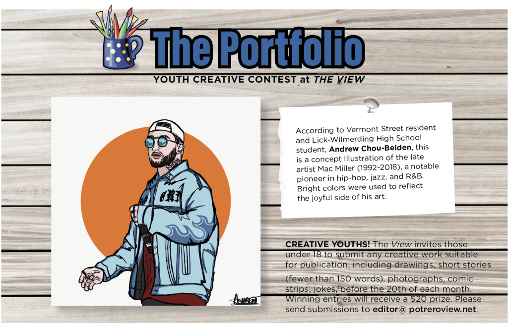 According to Vermont Street resident and Lick-Wilmerding High School student, Andrew Chou-Belden, this is a concept illustration of the late artist Mac Miller (1992-2018), a notable pioneer in hip-hop, jazz, and R&B. Bright colors were used to reflect the joyful side of his art.