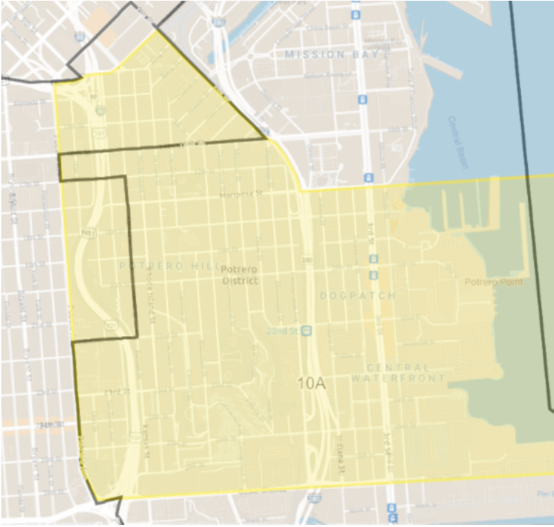 Initial draft of District 10 boundaries. Courtesy of Potrero Boosters Neighborhood Association