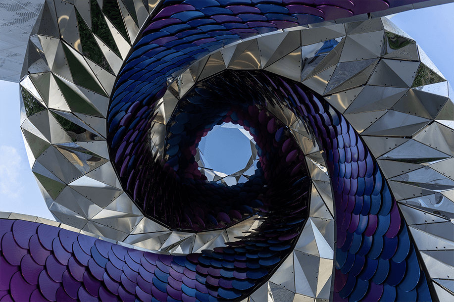 Photo: ‘Orbital’ (2021) by Jason Kelly Johnson, Nataly Gattegno and other artists catch the eye of fans leaving a basketball game in Mission Bay.