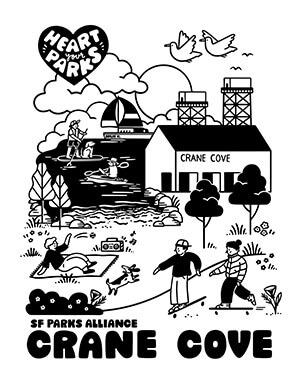 SF Parks Alliance poster celebrating "Heart Your Parks" featuring Crane Cove Park.