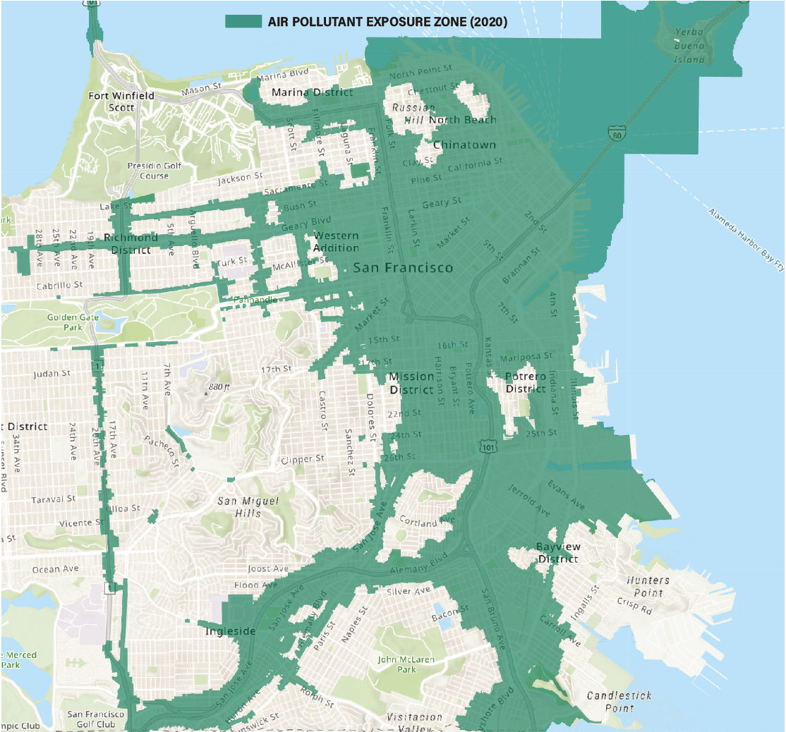 Green indicates elevated air pollution levels, which are generally associated with vehicles, 2020 data. Source: https://air.health/