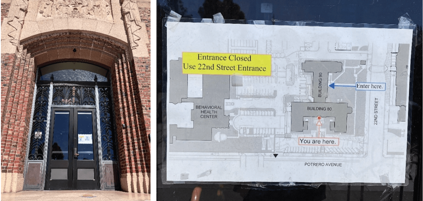 Left: SF General entrance from Potrero Avenue. Right: map posted on the entrance redirects visitors to 22nd Street. Photos: Mark Steensland