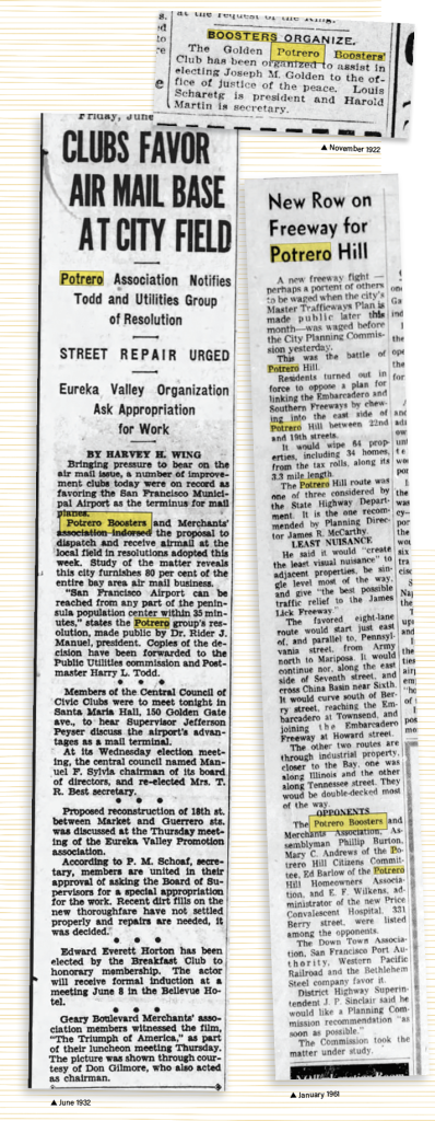 Images of vintage articles about the Potrero Hill Boosters.