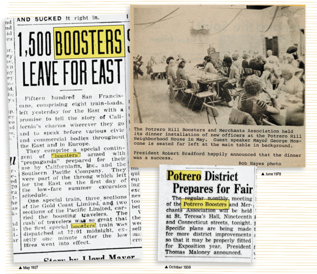 Images of vintage articles about the Potrero Hill Boosters.